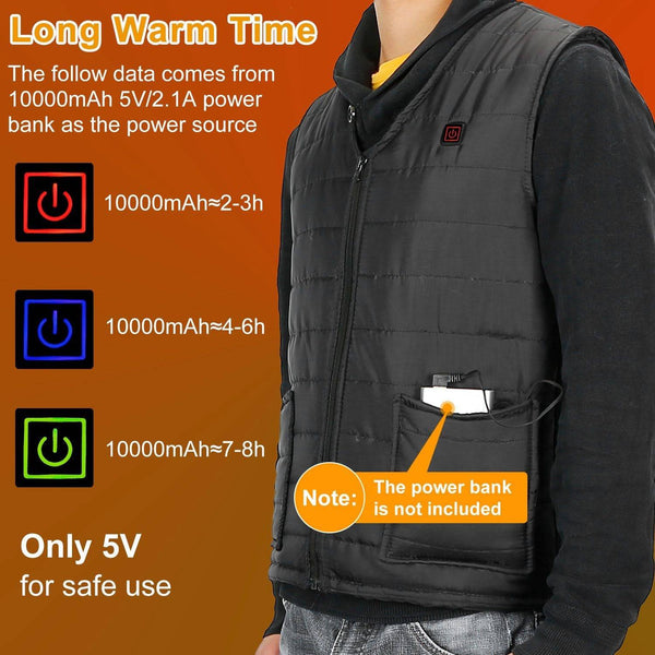 Heat Jacket Vest 3 Heating Gear Adjustable USB Heated Vest Warm Heat Coat Vest w/ 5 Heating Pads For Men Women Winter